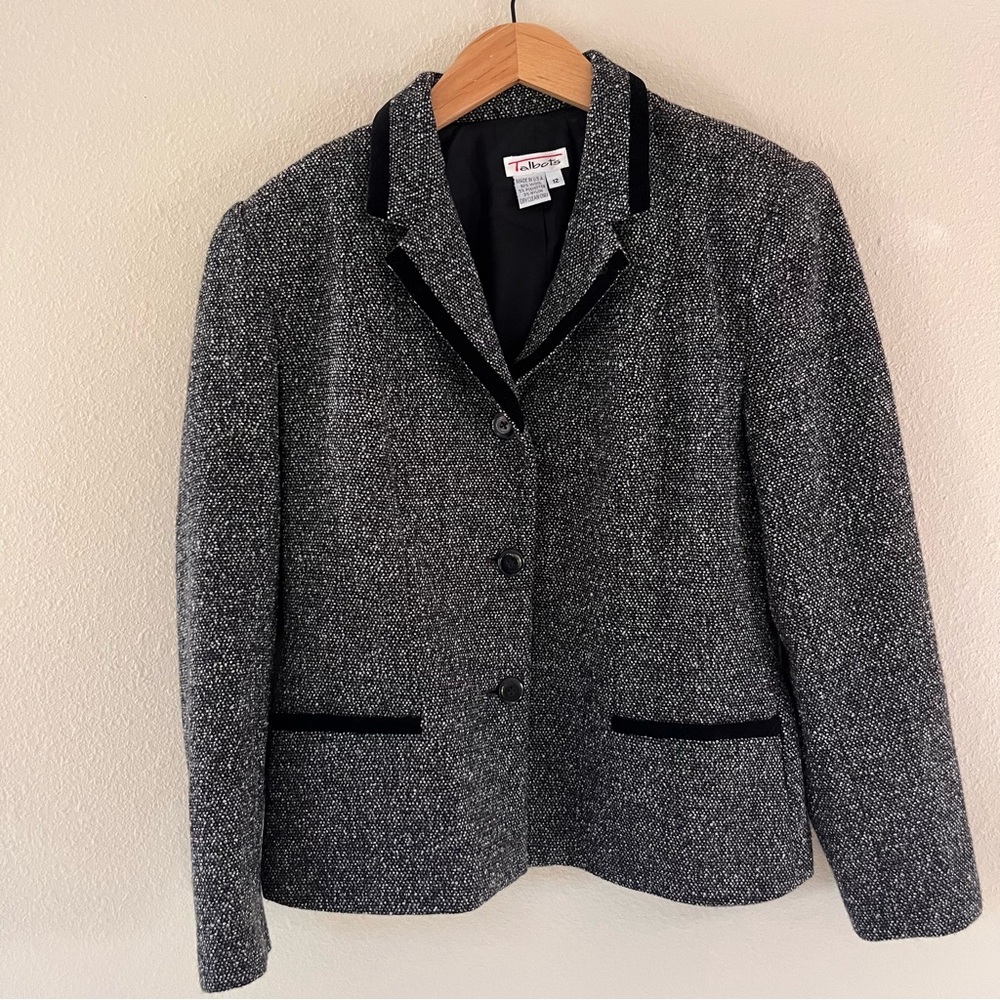 Talbots Tweed Blazer Sz 12 Vintage USA Wool Velvet Trim Preppy Old Money Classic